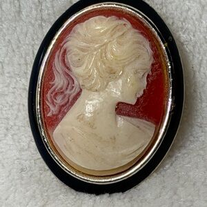 Vintage Cameo Brooch with Red and Cream Details